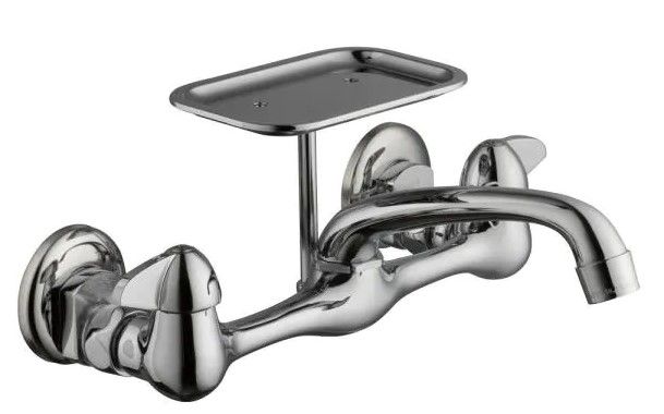 Photo 1 of 2-Handle Wall-Mount Kitchen Faucet with Soap Dish in Chrome
