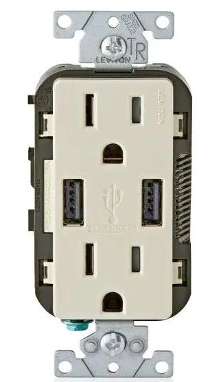 Photo 1 of 3.6A USB Dual Type A In-Wall Charger with 15 Amp Tamper-Resistant Outlets, Light Almond
