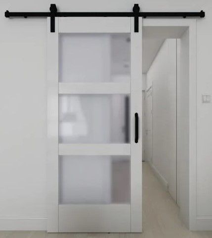 Photo 1 of 37 in. x 84 in. 3-Lite Full Frosted Glass White Vinyl Finished MDF Sliding Barn Door with Black Hardware Kit
