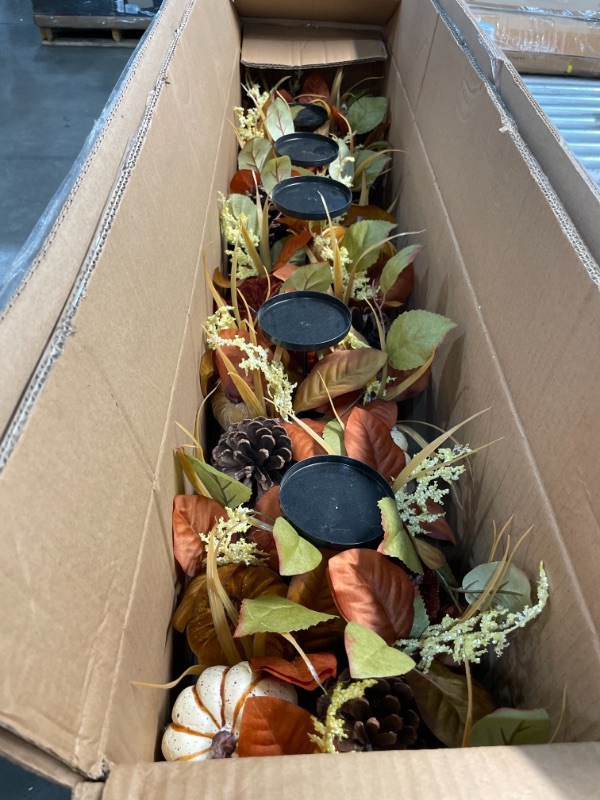 Photo 2 of 42" Fall Harvest 5-Candle Holder Centerpiece with Varied Pumpkins and Pine Cones in Wooden Box
