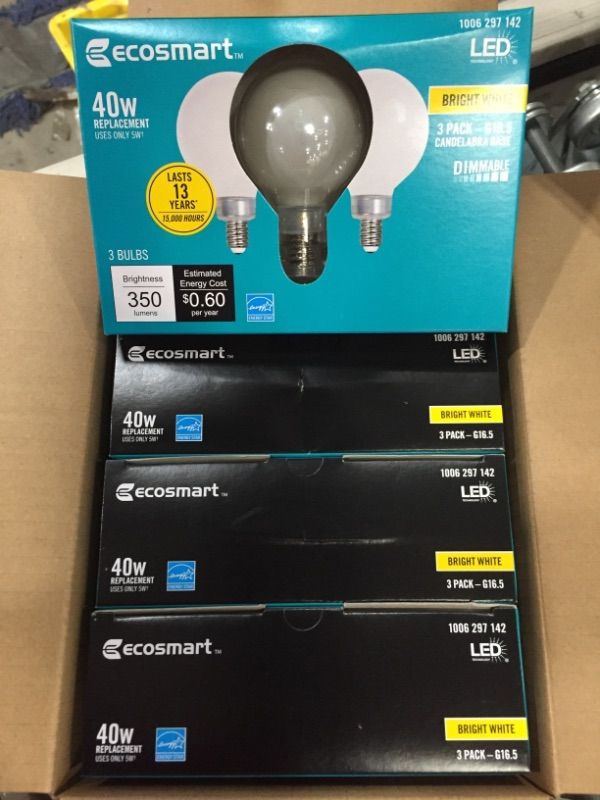 Photo 1 of EcoSmart
40-Watt Equivalent G16.5 ENERGY STAR and CEC Title 20 Dimmable Filament LED Light Bulb Bright White (3-Pack)
4 PACK