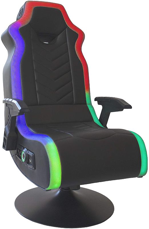 Photo 1 of X Rocker RGB Prism Pedestal 2.1 Dual Gaming Chair with LED Lights, 33" x 25" x 45", Black SLIGHTLY DIRTY.
