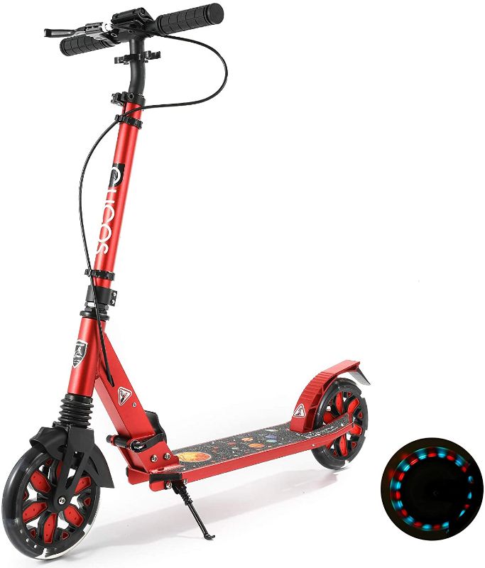 Photo 1 of CUCOS Scooter for Teens/Adults with Flashing PU Wheels, Foldable Kick Scooter with Handbrake, 2 Wheel Scooter 4 Adjustable Height for for Kids Ages 6-12, with Carry Strap