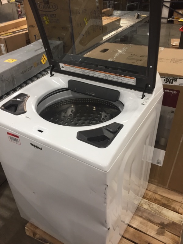 Photo 2 of 4.8 cu. ft. Smart White Top Load Washing Machine with Load and Go, Built-in Water Faucet and Stain Brush...**PREVIOUSLY OPENED**, **DAMAGED**, ***UNABLE TO TEST***, **FAIR CONDITION**




