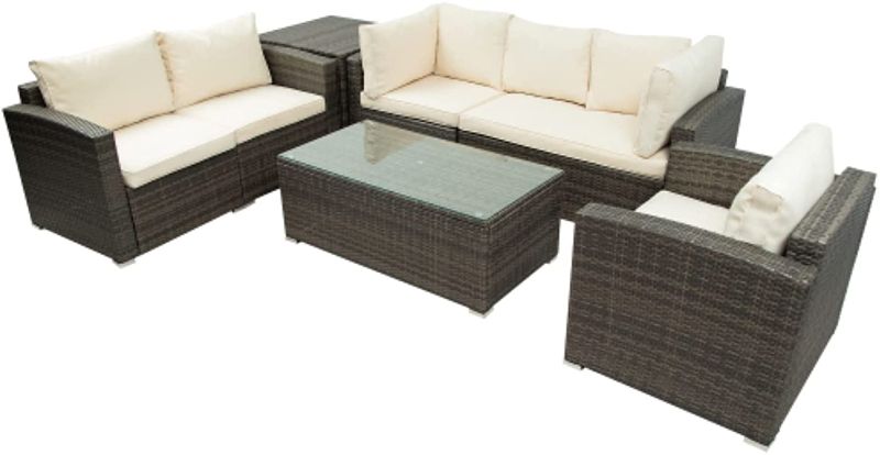 Photo 1 of **BOX 3 OF 4**Patio Furniture Sets 7-Piece Patio Wicker Sofa Cushions Chairs a Loveseat a Table and a Storage Box, BEIGE
