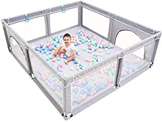 Photo 1 of Baby Playpen , Large Baby Playard, arge Playpen for Babies with Gate Indoor & Outdoor Kids Activity Center , Sturdy Safety Play Yard with Soft Breathable Mesh (Grey, 150 X 180cm)
