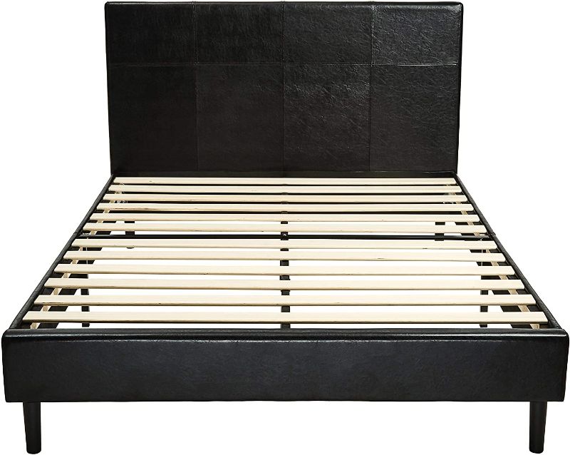 Photo 1 of Amazon Basics Faux Leather Upholstered Platform Bed Frame with Wooden Slats, Queen
