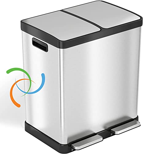 Photo 1 of (MULTIPLE DENTS) 
iTouchless SoftStep 16 Gallon Kitchen Step Trash Can & Recycle Bin with Double Odor Filters and Removable Color-Coded Buckes, Stainless Steel, 2 x 8 Gallon (30L), Soft Close Lid and Airtight Seal
