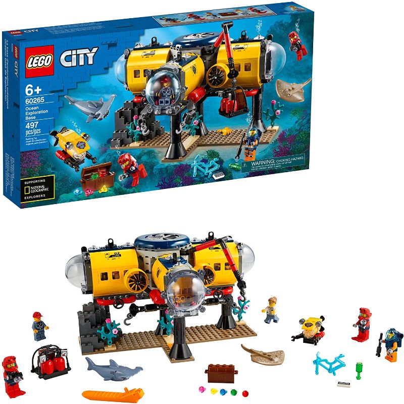 Photo 1 of INCOMPLETE- LEGO City Ocean Exploration Base Playset 60265, with Submarine, Underwater Drone, Diver, Sub Pilot, Scientist and 2 Diver Minifigures, Plus Stingray and Hammerhead Shark Figures (497 Pieces)
