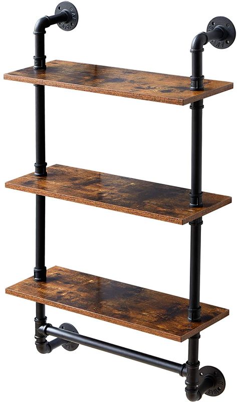 Photo 1 of  Industrial Pipe Shelf Bracket, 3 Tiers Retro Wall Mounted Floating Shelf, Wood Look DIY Storage Shelving Bookshelf
