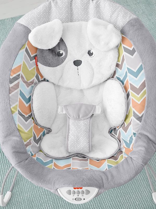 Photo 1 of Fisher-Price Sweet Snugapuppy Deluxe Bouncer, Portable Bouncing Baby Seat with Overhead Mobile, Music and Calming Vibrations, White
