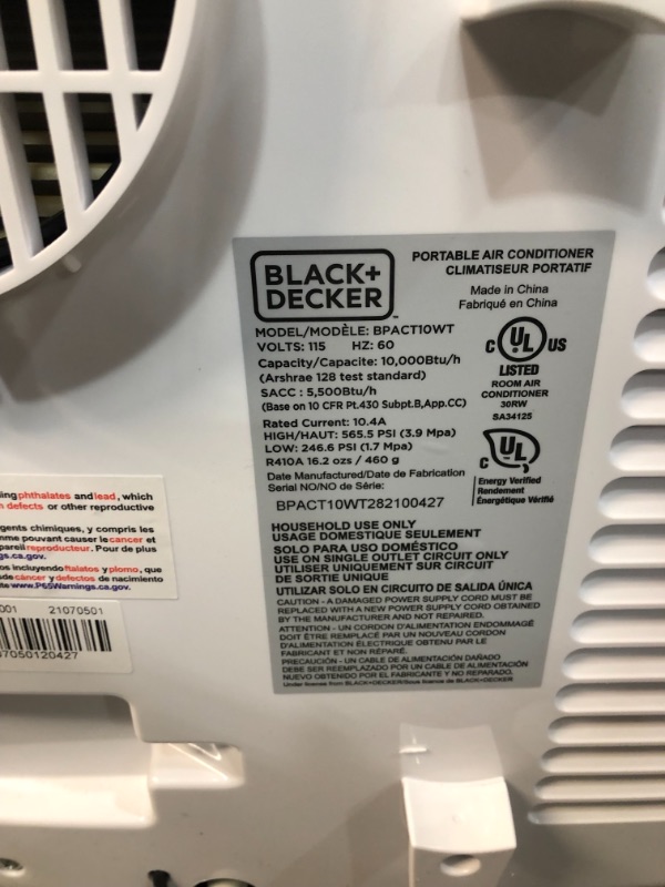 Photo 4 of Black+decker BPACT10WT 10,000 BTU Portable Air Conditioner with Remote