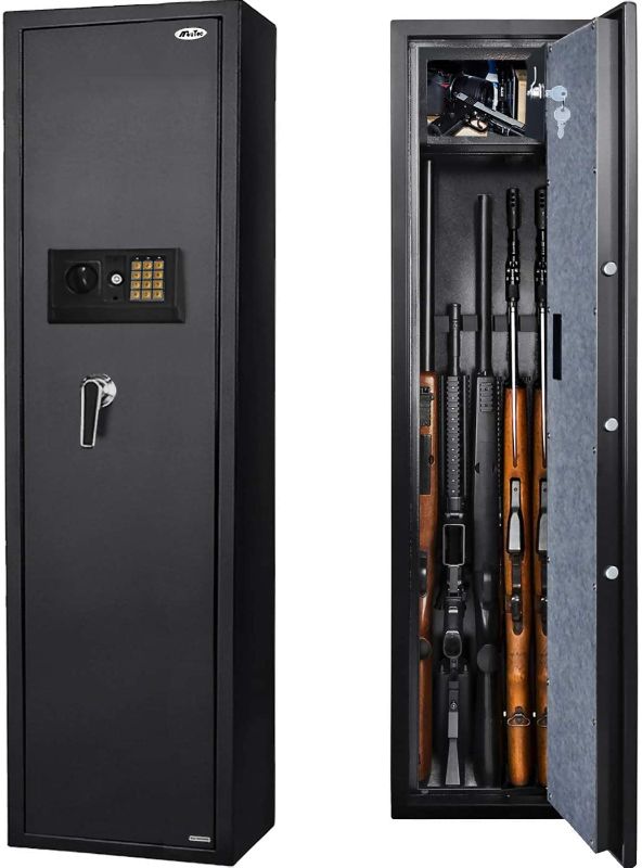 Photo 1 of  Large Rifle Safe, Long Gun Safe for Rifle Shotgun for Home, Quick Access 5-Gun Storage Cabinet (with/Without Scope) with Handgun Lockbox Slient Mode (Keyboard PIN Code) 57 x 14 x 13.8 inches
