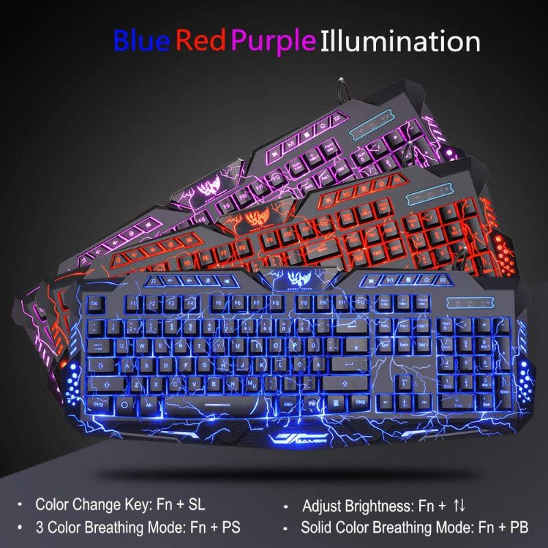 Photo 1 of BlueFinger Gaming Keyboard and Mouse,USB Wired Backlit Gaming Mouse and Keyboard Combo,Letters Glow, 3 Color Crack Backlit,Illumination Keyboard and Mouse Set for Game and Work
