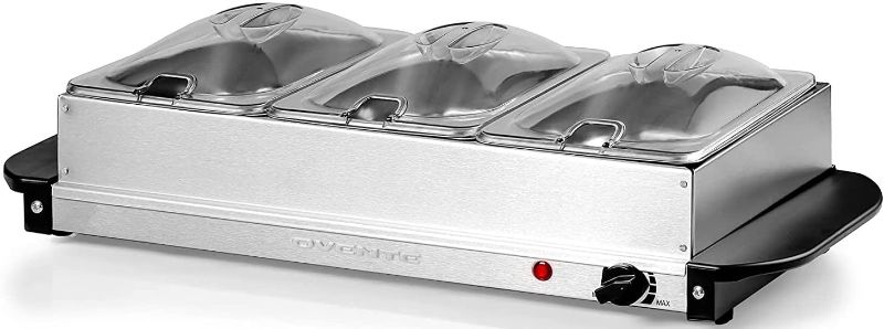 Photo 1 of Ovente Electric Triple Buffet Server & Food Warmer Station with 3 Portable Stainless Steel Chafing Trays & Clear Lids, Adjustable Temperature Control Perfect for Holiday Dinner & Party, Silver FW173S
