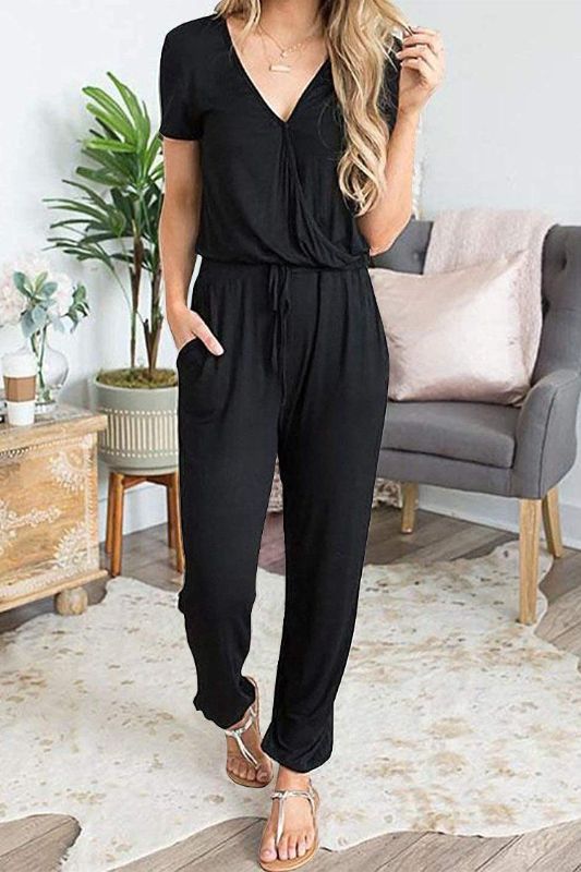 Photo 1 of PRETTYGARDEN Women's Summer Casual Deep V Neck Short Sleeve Wrap Drawstring Waist Jumpsuit Romper
SMALL