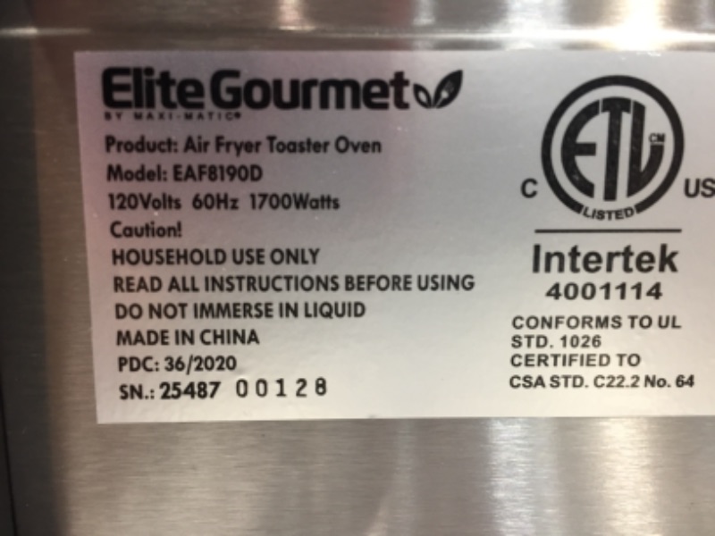Photo 1 of Elite Gourmet EAF8190D Maxi-Matic Digital Programmable Fryer Oven, Oil-Less Convection Oven Extra Large 21L. Capacity, Grill, Bake, Roast, Air Fry, 1700-Watts, Stainless Steel
