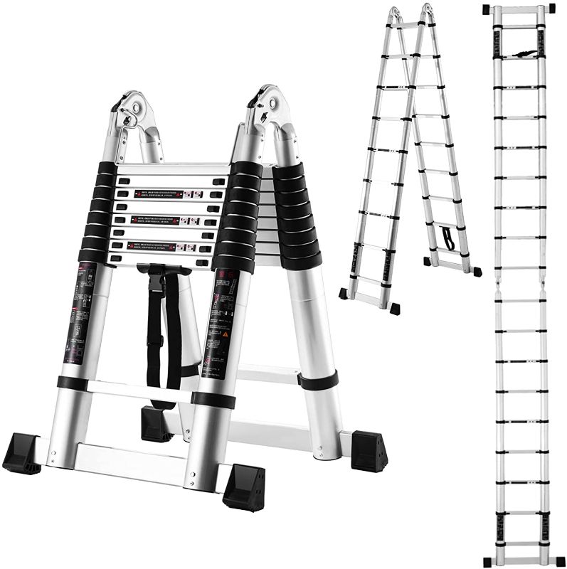 Photo 1 of 18.5 FT/9FT Aluminum Telescoping Ladder, 2 in 1 Multi-Purpose Telescopic Ladders for Easy Storage, Adjustable Ladder for Household Daily, Maximum Load 330 Pound, Three Angles of Use