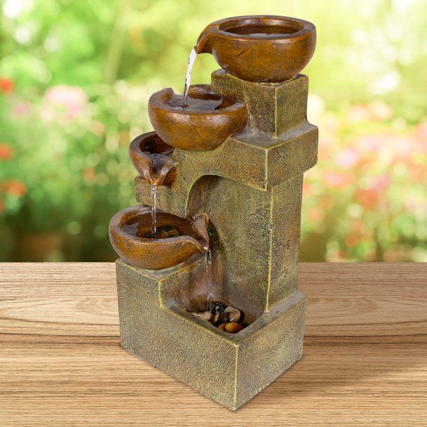 Photo 1 of  Alpine Corporation 17" Indoor & Outdoor 4-Tier Pouring Pots Table Fountain, Brown**UNABLE TO CHECK IF IT FUNCTIONS**
