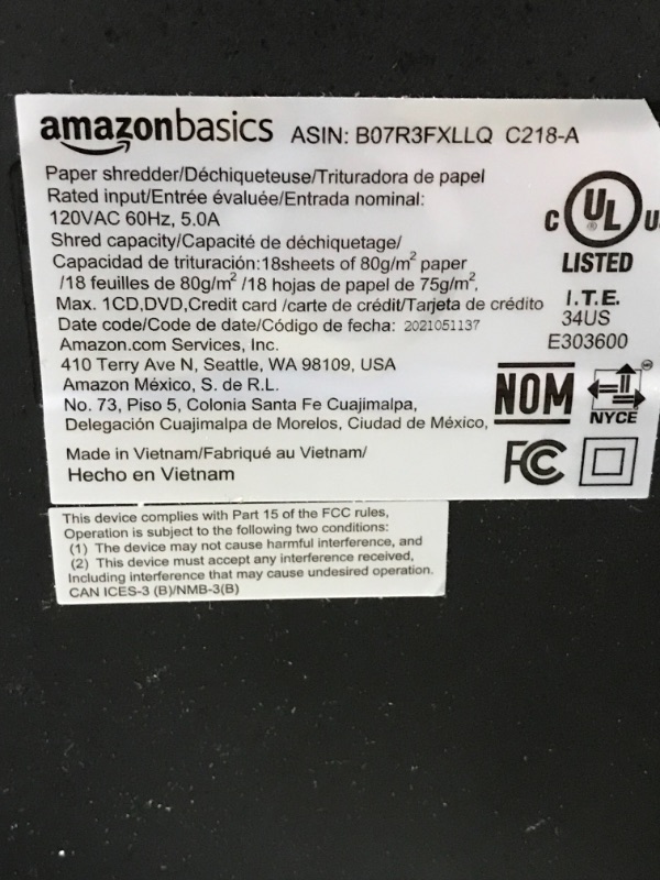 Photo 2 of ***NON FUNCTIONAL*** PARTS ONLY***
Amazon Basics 18-Sheet Cross-Cut Paper, CD, and Credit Card Shredder