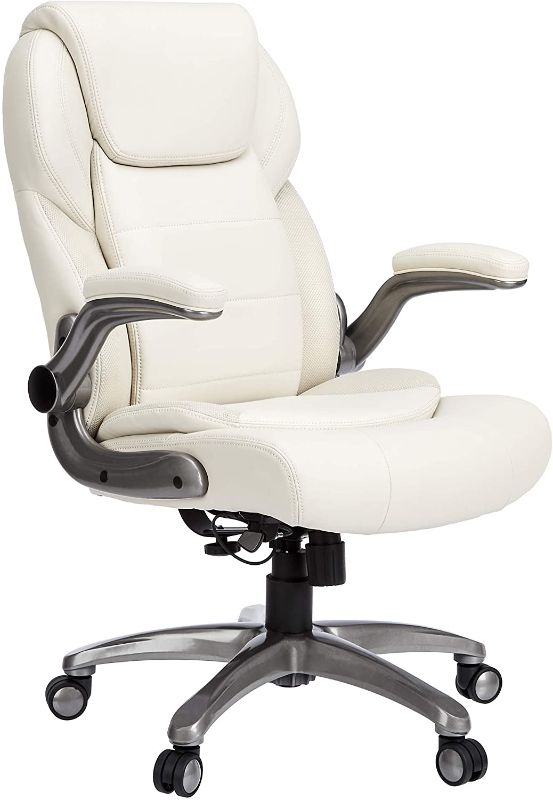 Photo 1 of AmazonCommercial Ergonomic High-Back Bonded Leather Executive Chair with Flip-Up Arms and Lumbar Support, Cream
MISSING SCREWS.