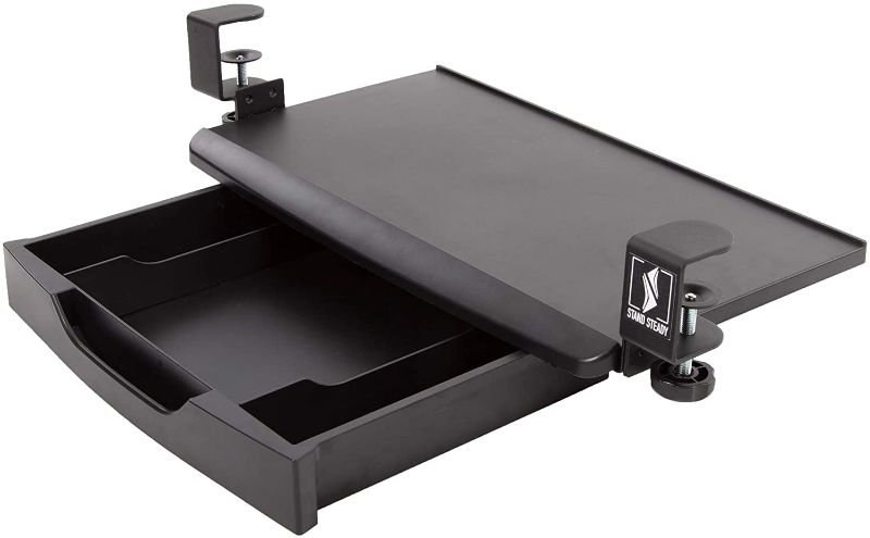 Photo 1 of Stand Steady Clamp On Keyboard Tray with Drawer | Two in One | Under Desk Storage w/Damage-Free Easy Installation - No Drilling Needed | 3 Compartment Organizer w/Removable Dividers (24.5 x 11.8)
