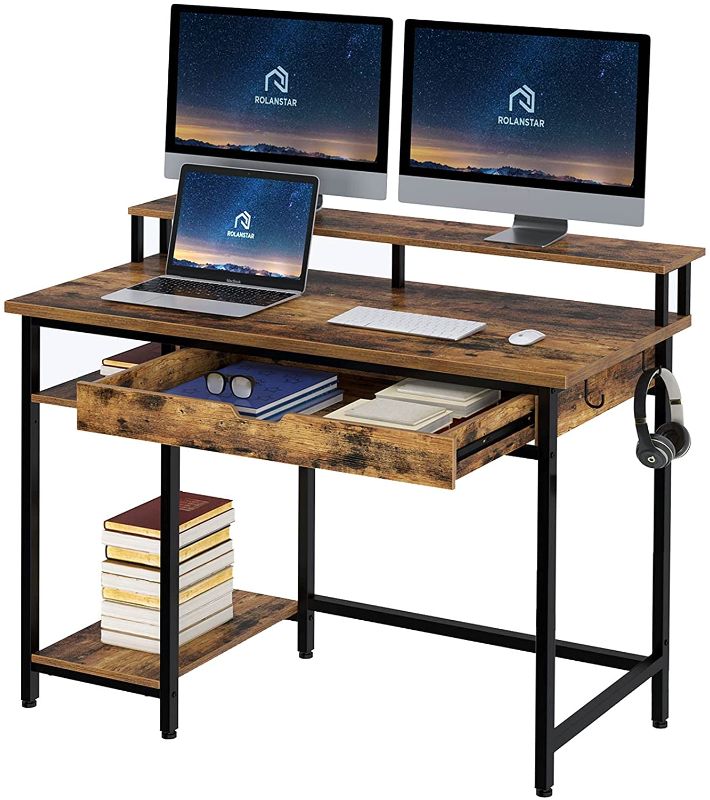 Photo 1 of Rolanstar Computer Desk with Monitor Stand and Drawer, 39" Home Office Writing Desk, Study Table Workstation, Stable Metal Frame, Rustic Brown
