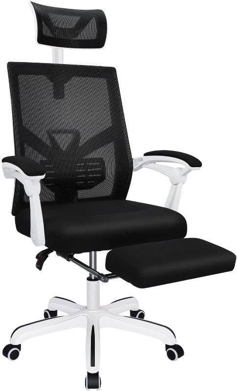 Photo 1 of Ergonomic Reclinging Office Chair, High Back Mesh Office Chair with Foot Rest, Large Seat & Breathable Mesh, Adjustable Swivel Computer Chair, White
