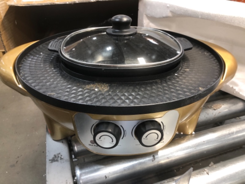 Photo 2 of InLoveArts 2 in 1 Portable Electric Grill, Upgraded Upgraded 2200W Electric Hot BBQ Pot For Indoor Outdoor Parties, Intelligent Temperature Control, The Pot can be Split, for 2-10 People (Golden)
SLIGHTLY DIRTY.