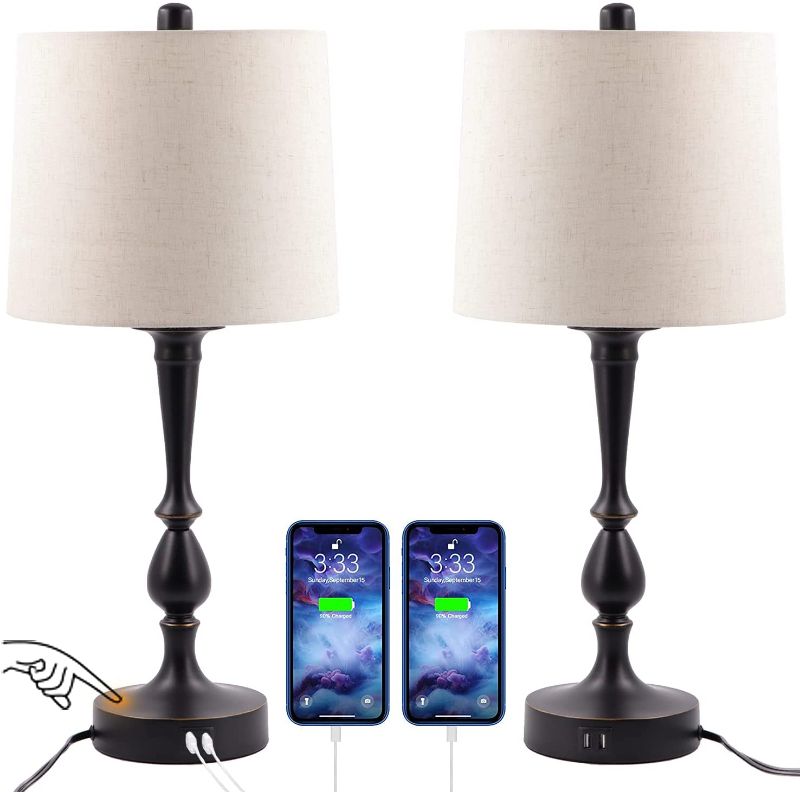 Photo 1 of Set of 2 Touch Control Table Lamp with 2 USB Ports, 3-Way Dimmable Modern Nightstand Lamp Sets Bedside Touch Desk Lamp With Fabric Cream Shade For Bedroom Table Living Room Reading, LED Bulbs Included
