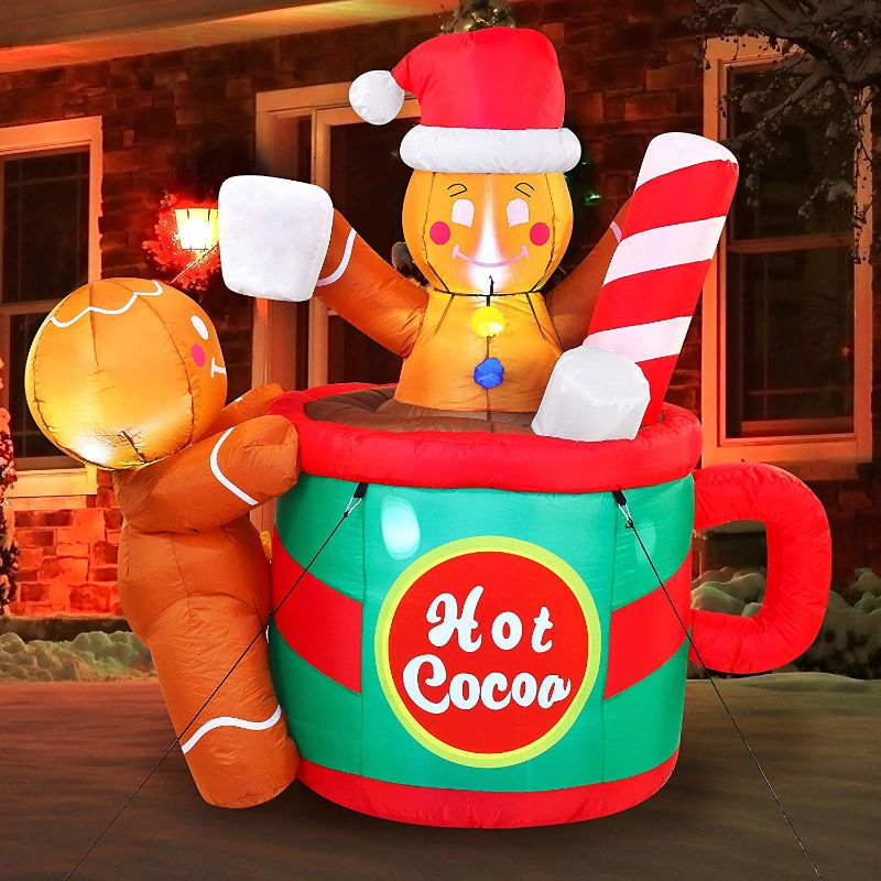 Photo 1 of  6 FT Tall Gingerbread Man in Hot Cocoa Mug Inflatable with Build-in LEDs Blow Up Inflatables for Xmas Party Indoor, Outdoor, Yard, Garden, Lawn, Winter Decor, Christmas Inflatable Decoration