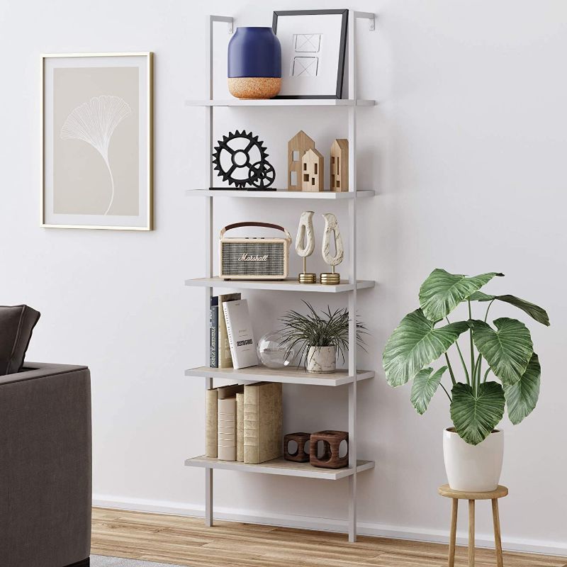 Photo 1 of Nathan James Theo 5-Shelf Ladder Bookcase Gray Oak Wood White Metal Frame