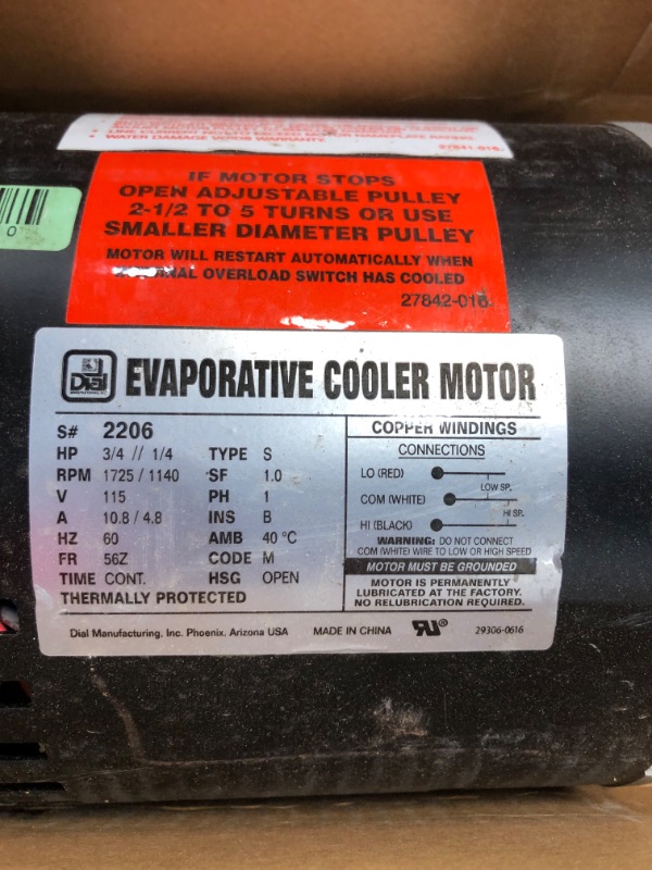 Photo 3 of Dial Manufacturing 3/4 HP 115V 2 Speed Evaporative Cooler Motor
