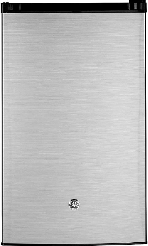 Photo 1 of GE GME04GLKLB Mini Fridge 4.4 Cubic Ft. Single Design with Glass Shelves, in-Door Can Rack & Small Freezer Small Refrigerator Perfect for The Garage, Dorm Room, or Bedroom Clean Steel, Cu
