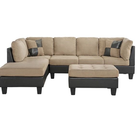 Photo 1 of BOX 4 3-Piece Modern Microfiber Faux Leather Sectional Sofa With Chaise, Hazelnut