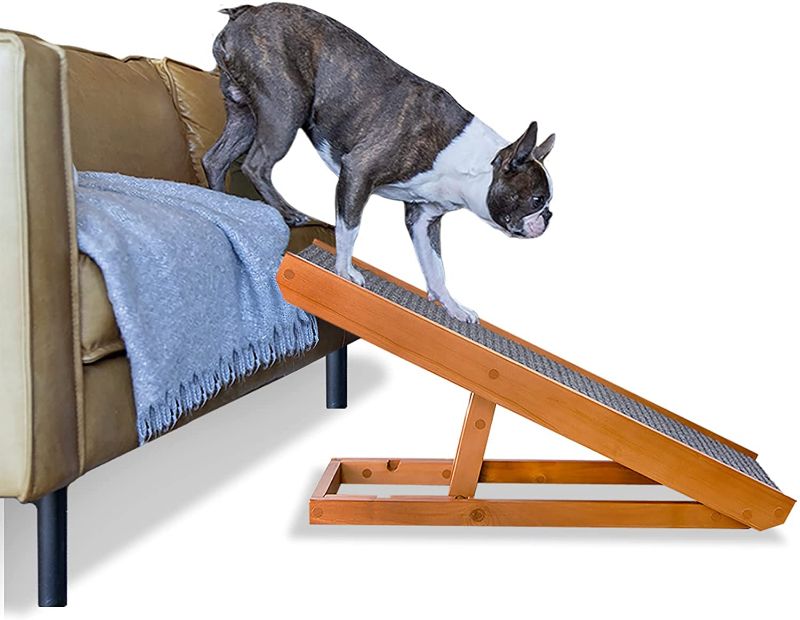 Photo 1 of AlphaPaw PawRamp Lite - Adjustable Pet Ramp for Dogs and Cats - Folding Ramp for Pets with Paw Traction Mat - 32.5" x 16" Surface, Height Adjustable from 12"-16" - Holds up to 70 lbs (light brown)
