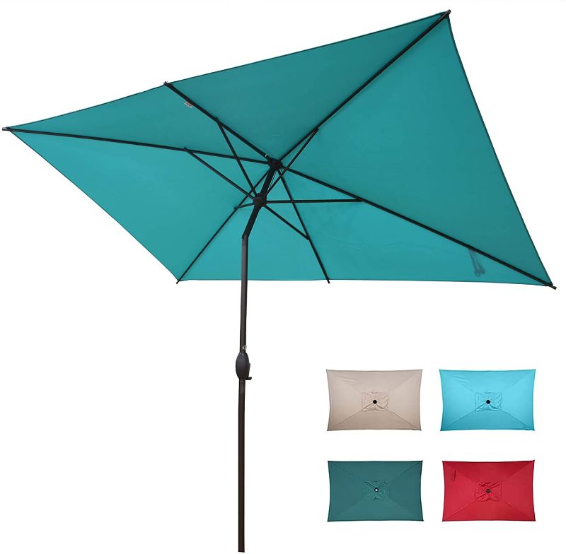 Photo 1 of Abba Patio 6.5 x 10ft Rectangular Patio Umbrella Outdoor Market Table Umbrella with Push Button Tilt and Crank for Garden, Lawn, Deck, Backyard & Pool, Turquoise
