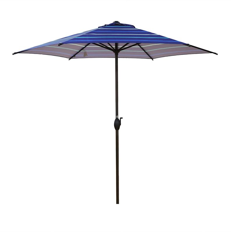 Photo 1 of Abba Patio 9ft Striped Patio Umbrella Outdoor Umbrella Patio Market Table Umbrella with Push Button Tilt and Crank for Garden, Lawn, Deck, Backyard & Pool, Dark Blue Stripe
