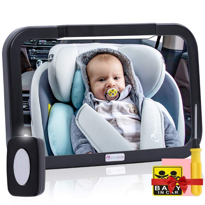 Photo 1 of Baby Car Mirror with Light, Innokids Dual Mode LED Lighting by Remote Control, Clear View of Infant in Rear Facing Back Seat While Night Driving (Black)
