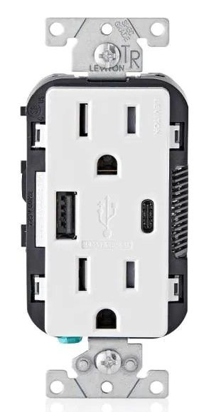 Photo 1 of 15 Amp Decora Tamper-Resistant Duplex Outlet with Type A and C USB Charger, White (2 boxes of 2-Pack)
