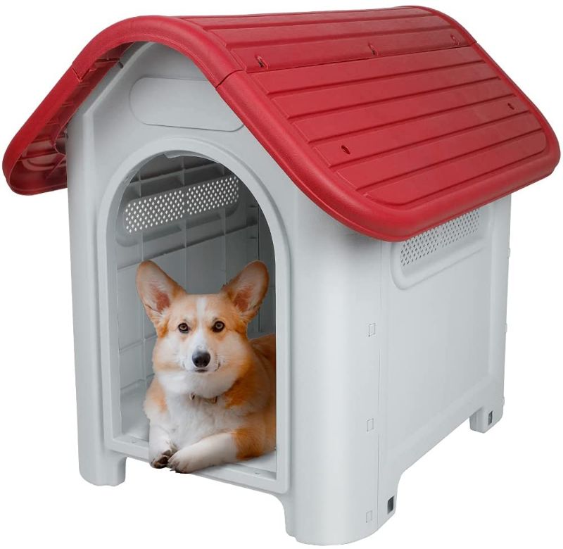 Photo 1 of #G-B700A00A0-US Solution4Patio Large Size Plastic Dog House Pet Kennel, Weatherproof for Indoor Outdoor, Well-Ventilated, Elevated Floor, Easy to Assemble Puppy Shelter, 18.7" x 29.1" x 26.4"
