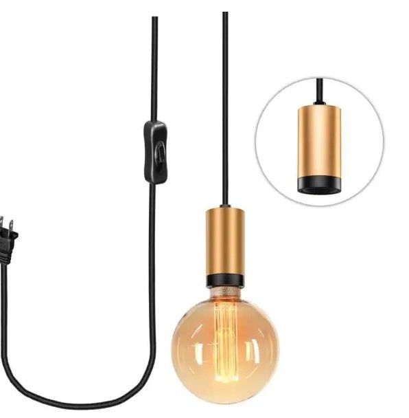 Photo 1 of 1-Light Brass with Black Vintage Pendant Fixture -10 ft. Black Fabric Cord, Plug-In with On/Off Switch
