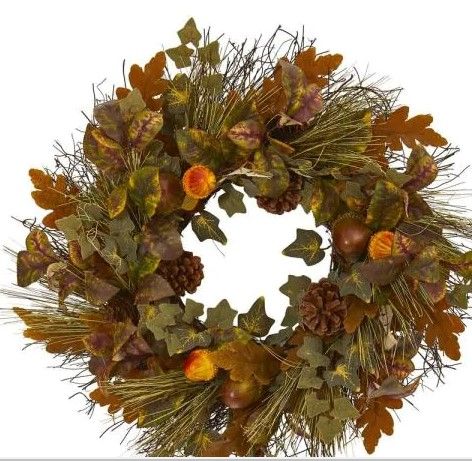 Photo 1 of 23in. Mixed Fall Leaf Pinecone and Acorn Artificial Wreath
