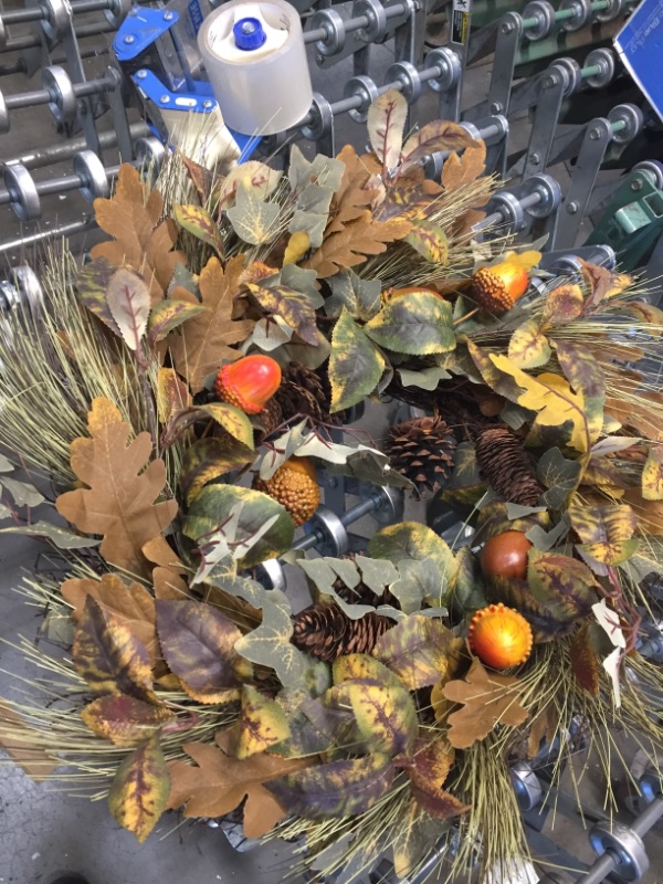 Photo 2 of 23in. Mixed Fall Leaf Pinecone and Acorn Artificial Wreath
