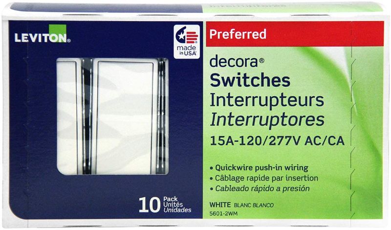 Photo 2 of 4 PACK Halo HLB4069FS1EMWR HLB 4 in Integrated Light Direct Mount Kit with Selectable CCT LED Recessed Trim, 4 Inches, White  & Leviton 5601-2WM 10 Pack 15Amp 120/277V Decora Rocker Single Pole AC Quiet Switch, White & Leviton 6674-P0W SureSlide Universal