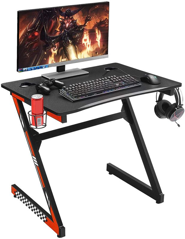 Photo 1 of Mr IRONSTONE 31.5" Gaming Desk PC Computer Desk Home Office Student Table for Small Space Z-Shaped with Cup & Headphone Holder and 2 Cable Management Holes (Red)