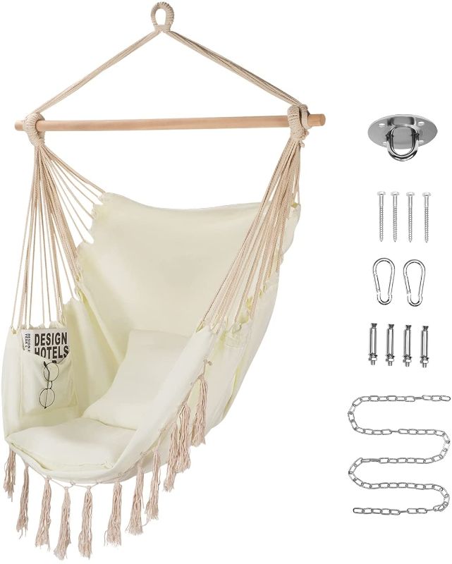 Photo 1 of HOMCHWELL Hammock Chair Hanging Rope Swing with Hanging Hardware Kit,Include Carry Bag & Two Seat Cushions, for Patio Bedroom or Tree,Max. Weight 330 Lbs (Beige) ***MISSING HARDWARE