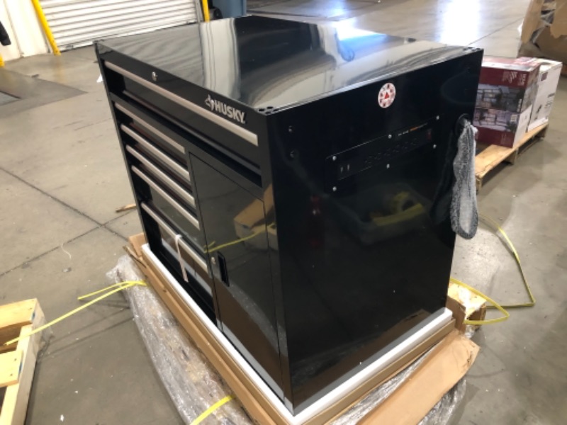 Photo 1 of (MULTIPLE DENTS; DOOR DOES NOT FULLY SHUT) 
Husky 61 in. W 10-Drawer 1-Door Combination Tool Chest and Rolling Cabinet Set in Gloss Black