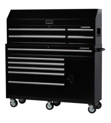 Photo 1 of (MULTIPLE DENTS; DOOR DOES NOT FULLY SHUT) 
Husky 61 in. W 10-Drawer 1-Door Combination Tool Chest and Rolling Cabinet Set in Gloss Black