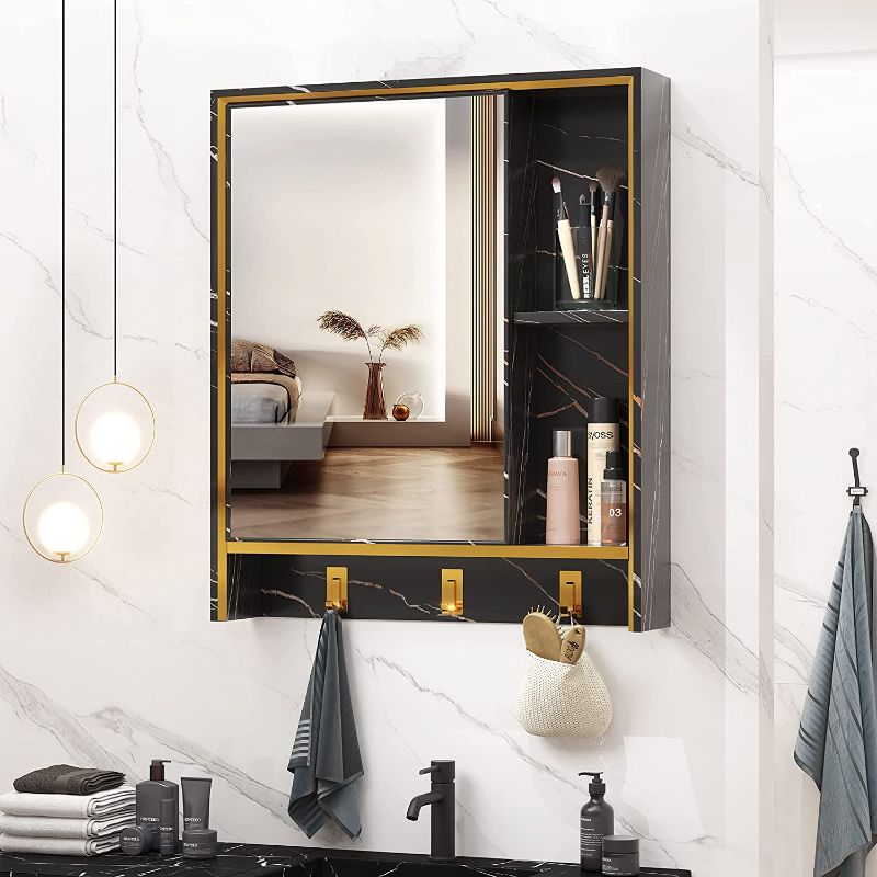 Photo 1 of (damaged corner) 
LVSOMT 24'' X 28'' Wall Mounted Bathroom Medicine Cabinet with Mirror, Aluminum Hanging Storage Organizer, Vanity Mirrored Cabinet with 4 Shelves, 3 Towel Hooks, 1 Makeup Bag (Marble Black)
